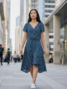 DKNY Navy Blue/Teal Polka Dot V-Neck High-Low Faux Wrap Stylish Dress 16